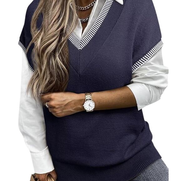 Dokotoo Women's V Neck Sleeveless Sweater Vest Navy Cap Sleeve Blue Size Medium - Picture 1 of 7